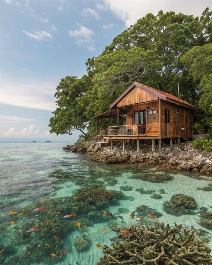 This may contain: a small wooden cabin sitting on top of a coral reef