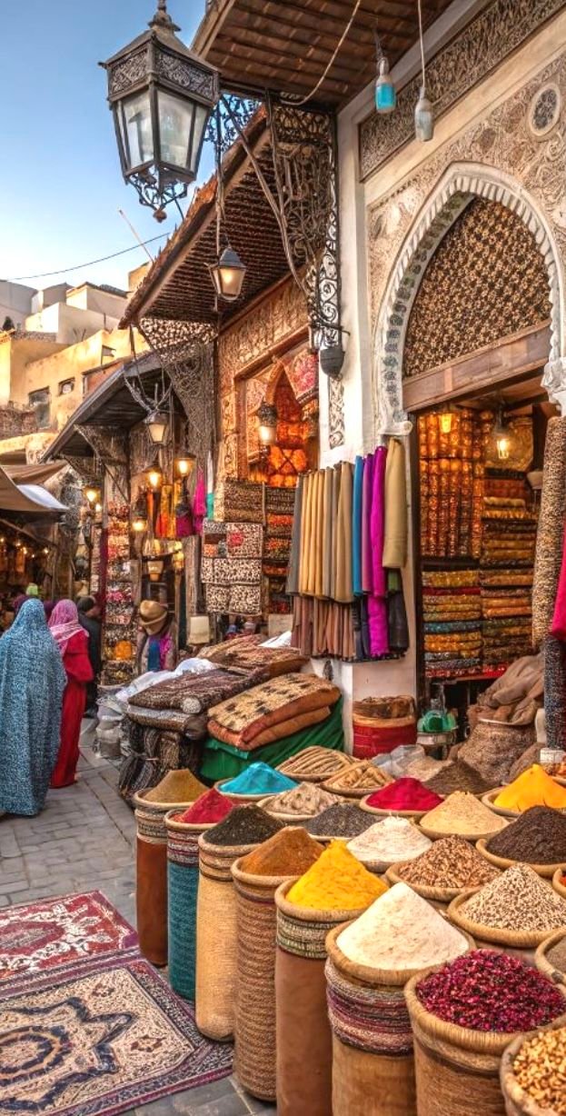 This may contain: an outdoor market with lots of baskets and food