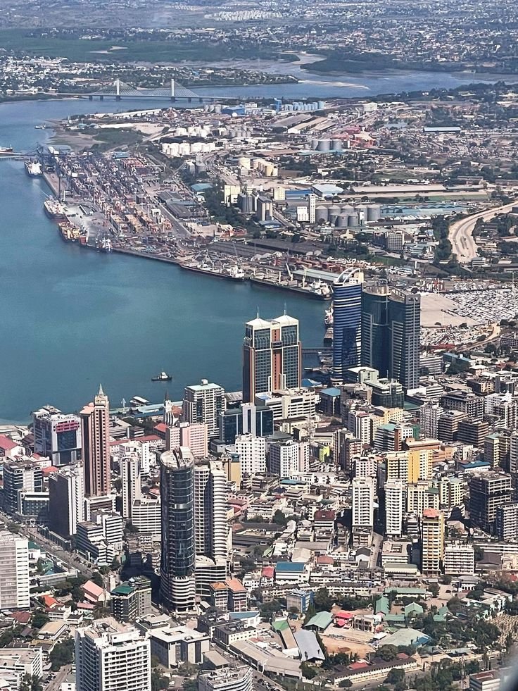 This may contain: an aerial view of a large city with water in the foreground and buildings on both sides