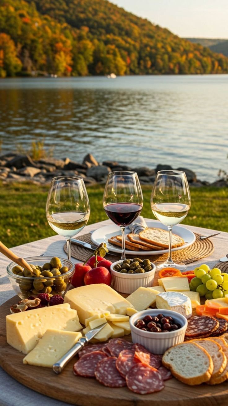 This may contain: wine glasses and cheese platter on a picnic table overlooking a lake with mountains in the background