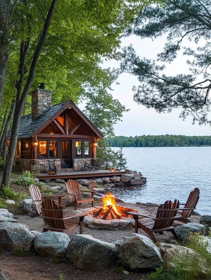 This may contain: a log cabin sits on the shore of a lake with chairs around it and a fire pit