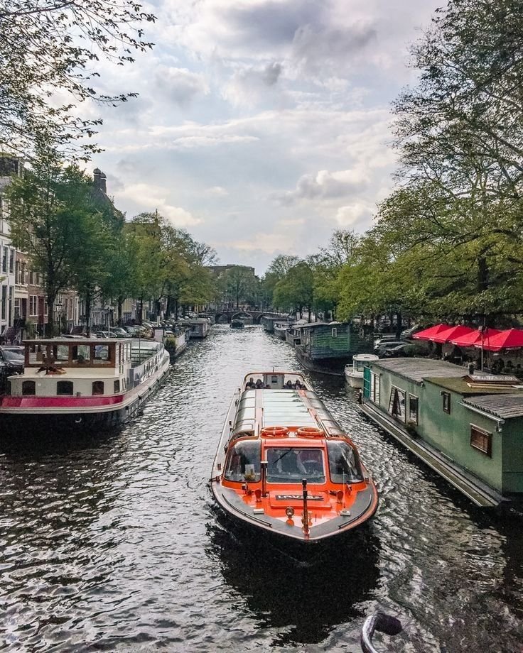 This may contain: two boats are traveling down the river in front of some buildings and trees on either side