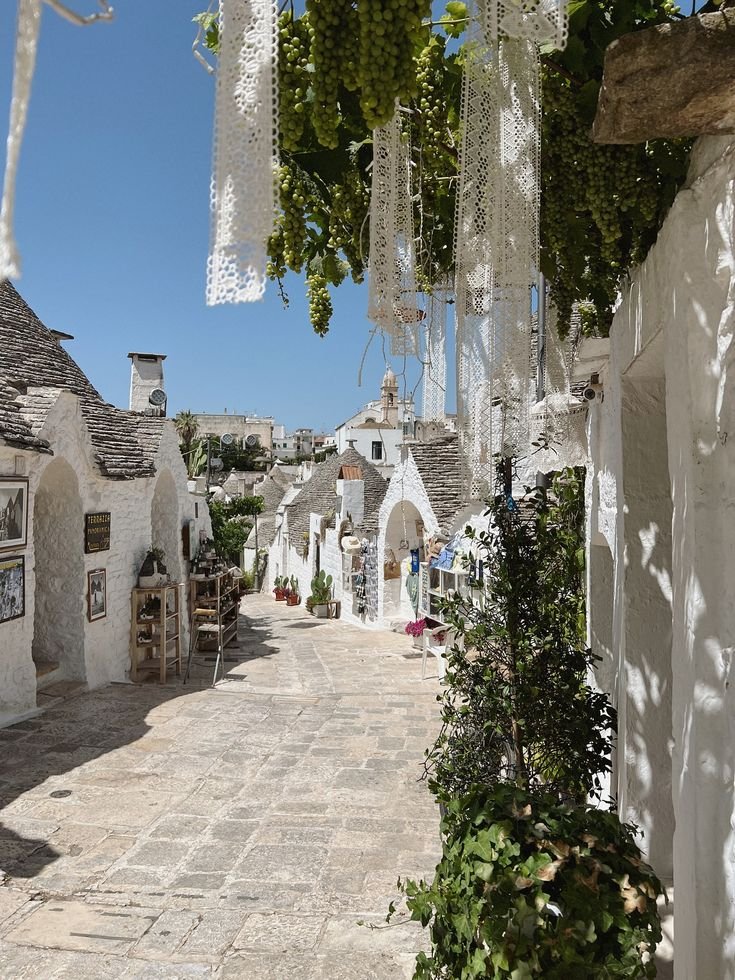 This may contain: an alley way with white buildings and greenery hanging from the roof, on a sunny day