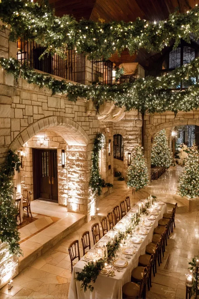 This may contain: an indoor dining area decorated for christmas with lights and greenery on the walls, surrounded by stone pillars