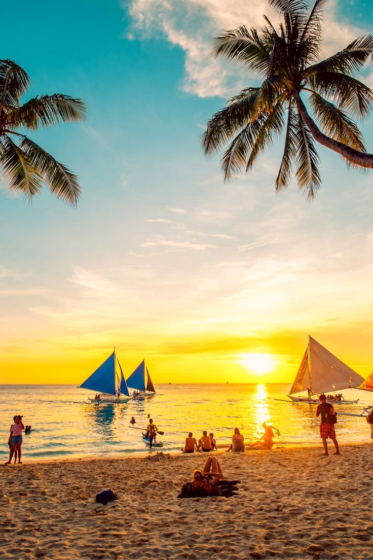 This may contain: people are on the beach at sunset with sailboats in the water and palm trees