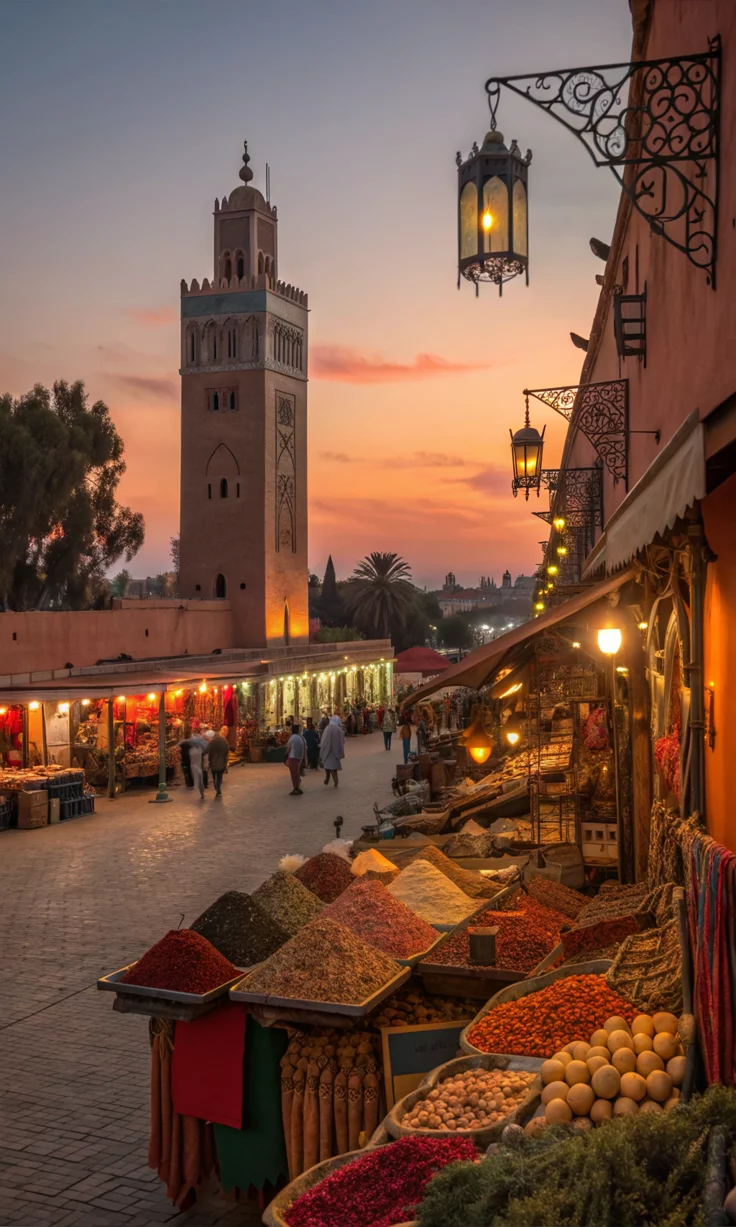 This may contain: an outdoor market with lots of food and people walking around it at sunset or dawn