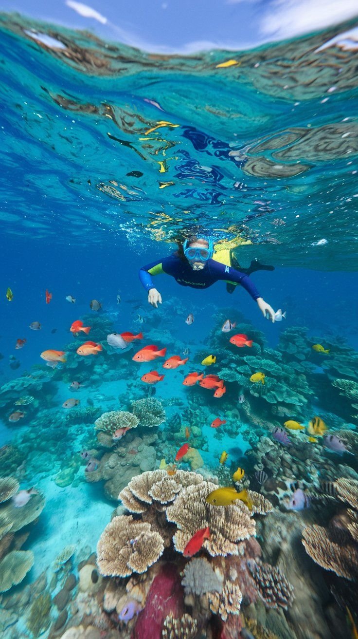 This may contain: a person swimming in the ocean surrounded by corals and other colorful reef life on a sunny day