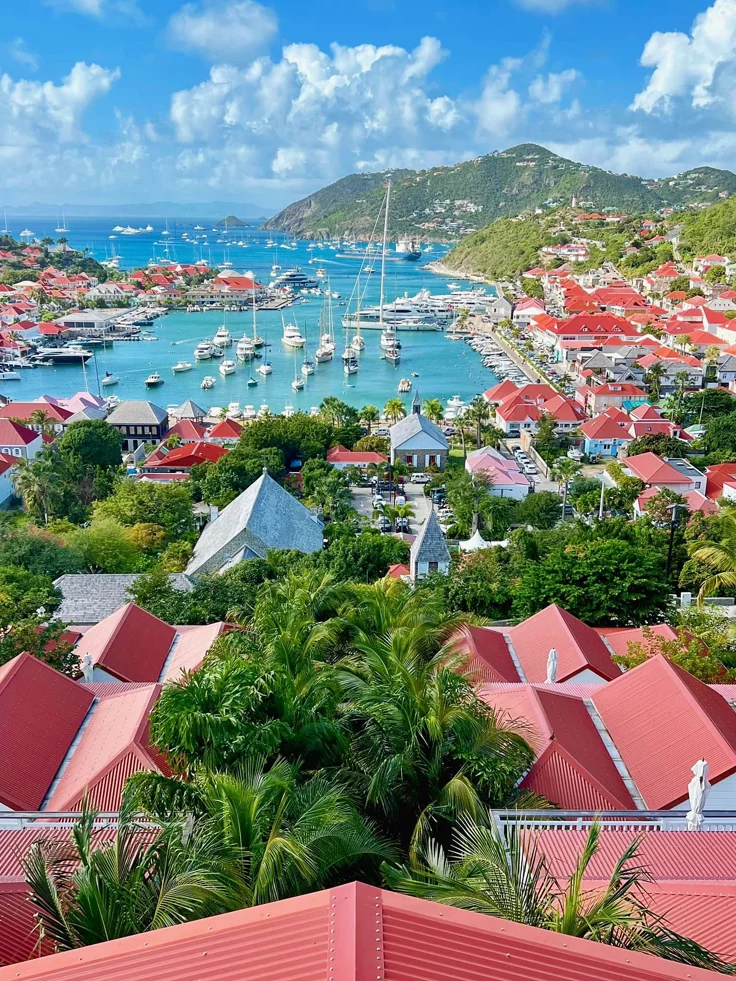 This may contain: an aerial view of boats in the water and houses on land with mountains in the background