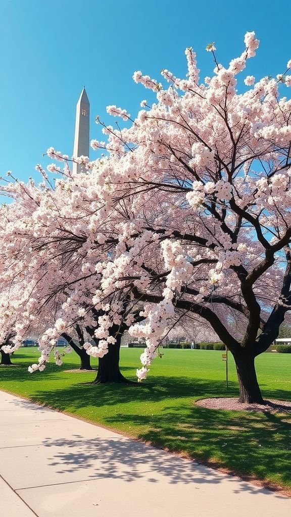 This may contain: the washington monument is in the distance behind some cherry blossom trees