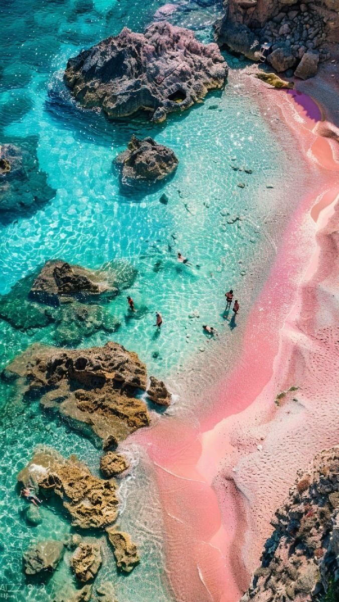 This may contain: people are swimming in the blue and pink water
