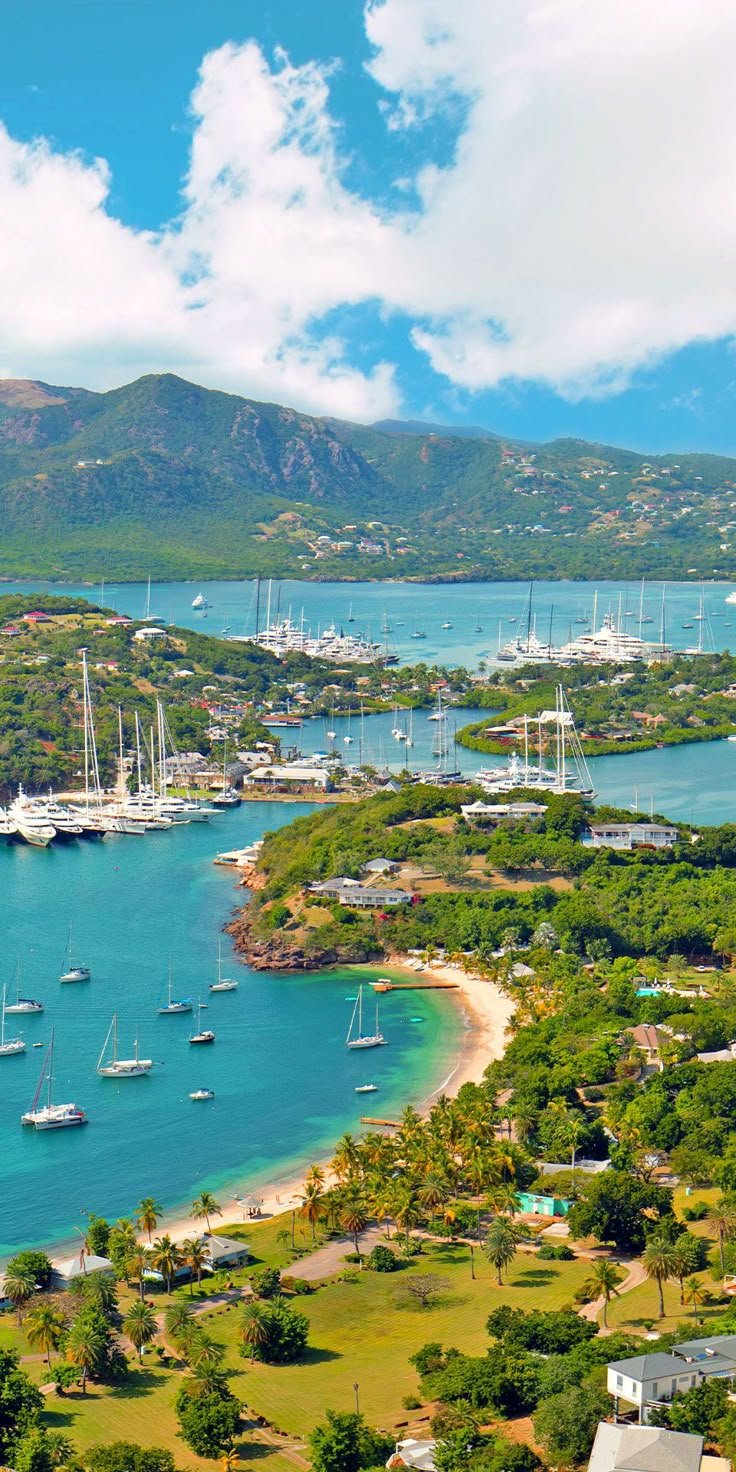 This may contain: an aerial view of sailboats in the water and on land, with mountains in the background