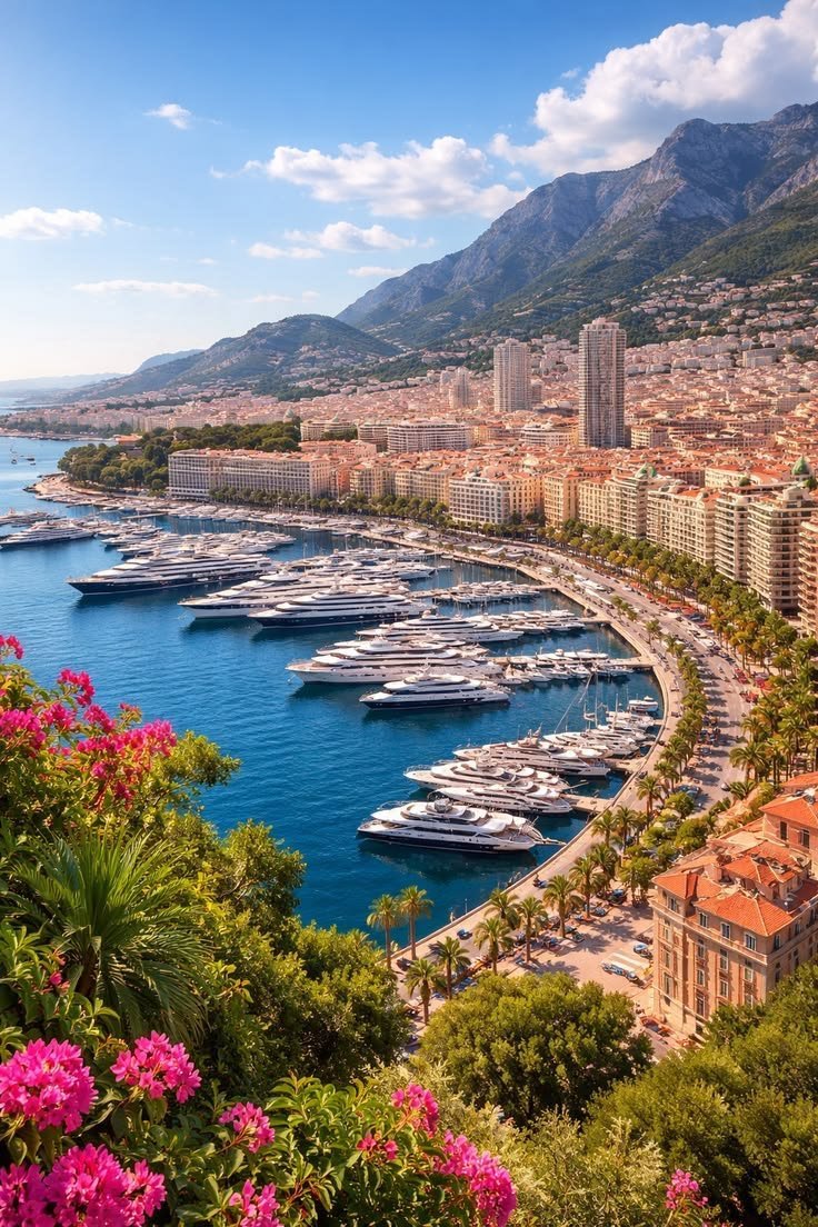 This may contain: boats are docked in the water next to buildings and mountains with pink flowers on them