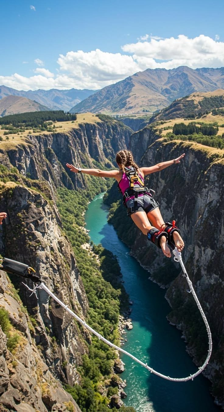 This may contain: a woman on a bungee high up in the air over a river and mountains