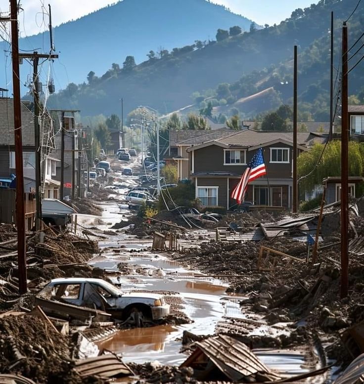 This may contain: a car is parked in the middle of a street that has been flooded with water