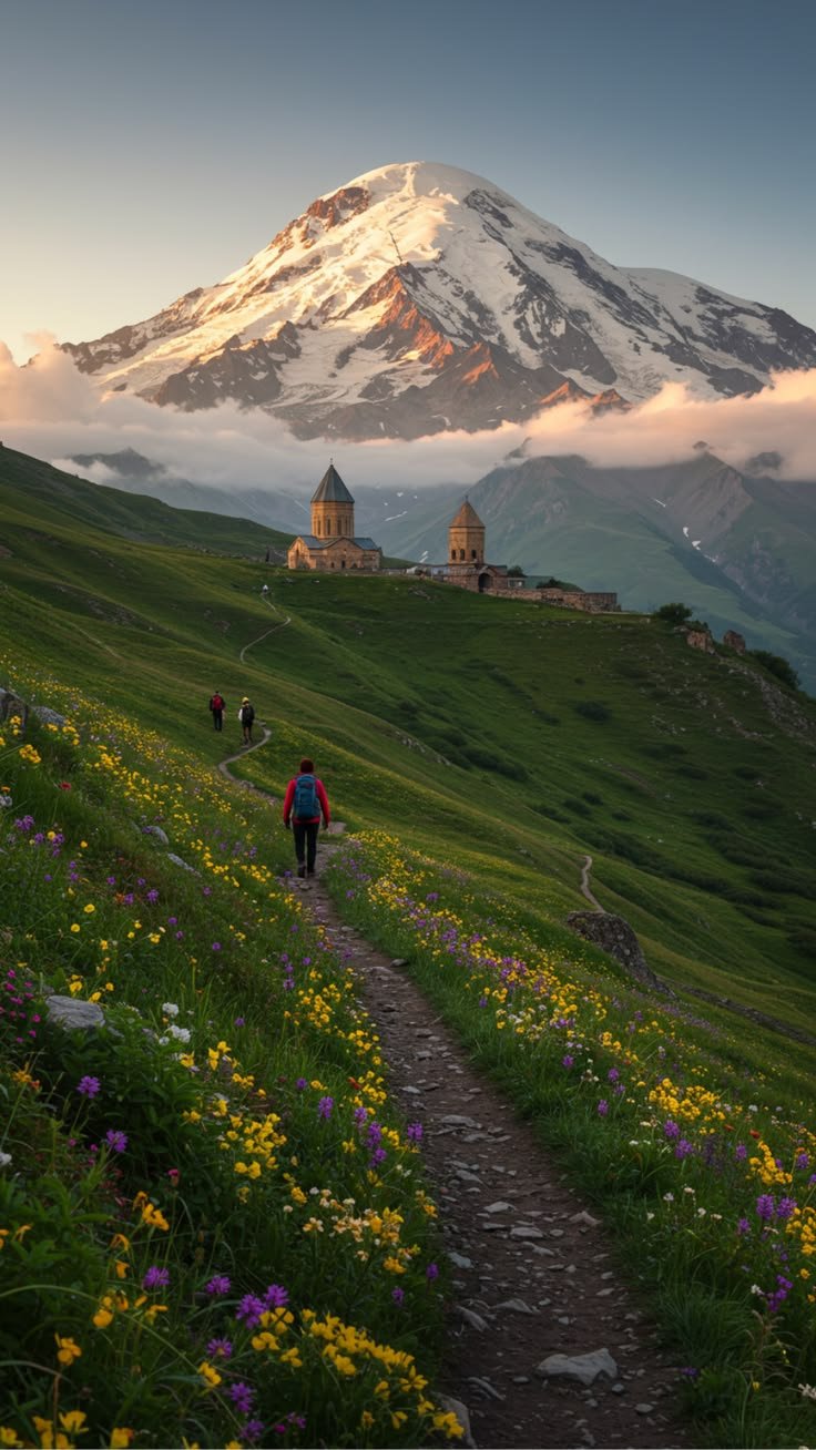 This may contain: people walking up a trail towards a mountain with flowers in the foreground and snow - capped mountains in the background